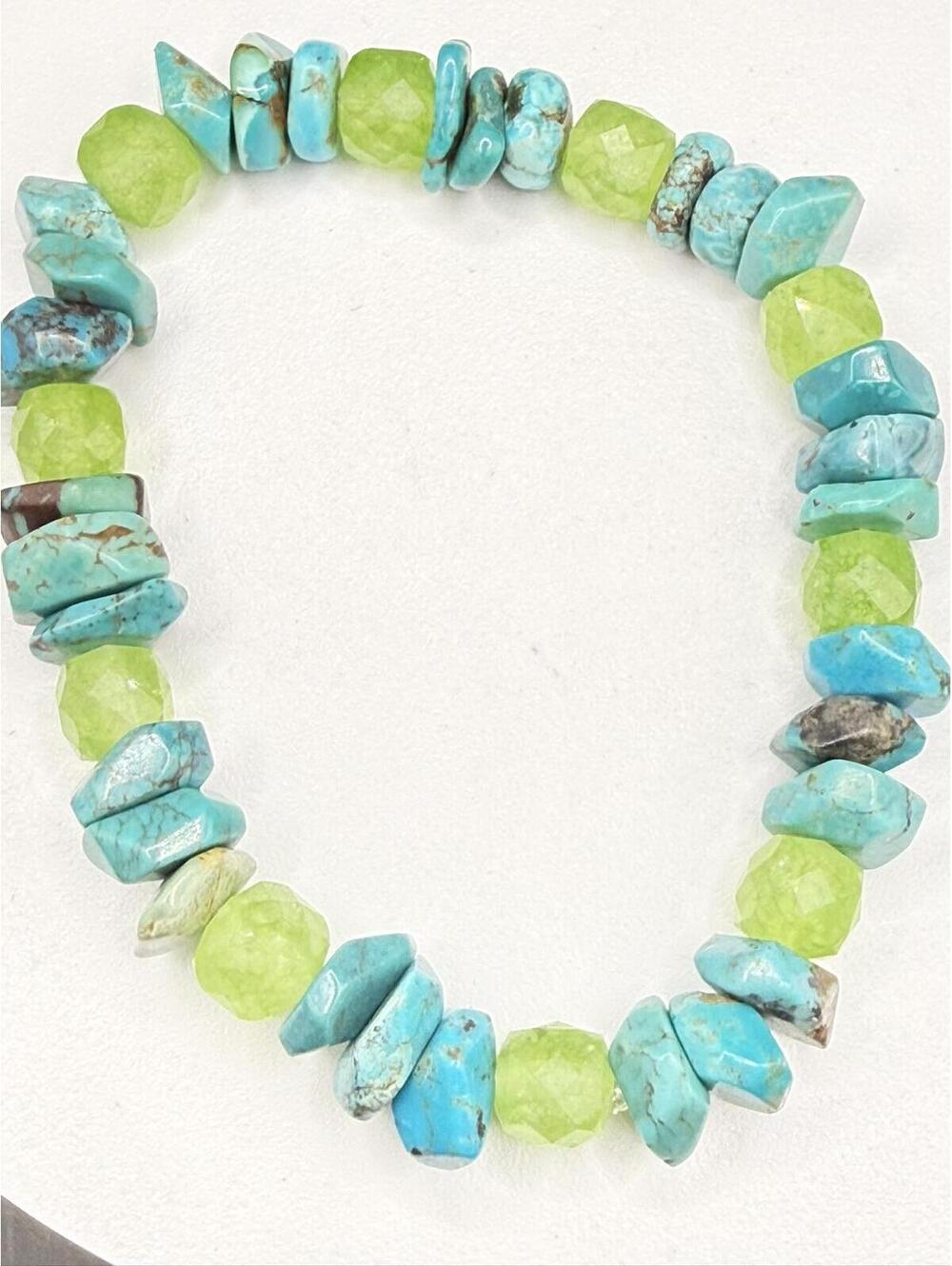 Turquoise Chip & Faceted Green Garnet Stretch Bracelet - Artisan Boho